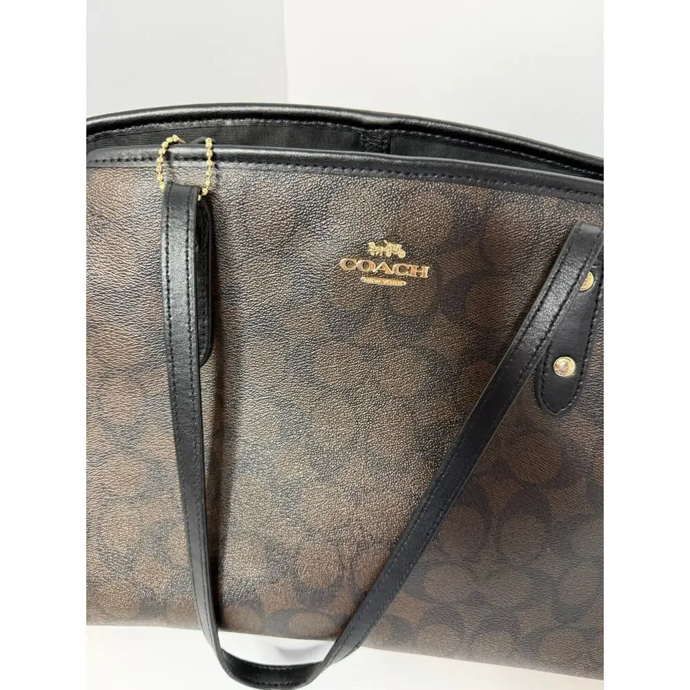 Coach F57842 Signature City Tote Brown Black Monogram PVC Leather Shoulder Bag